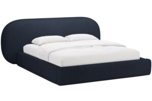 Micadoni Tmavě modrá bouclé dvoulůžková postel Ovalo 160 x 200 cm s úložným prostorem